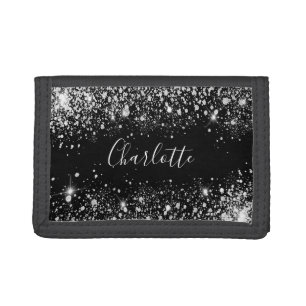 Black silver glitter dust monogram name script tri-fold wallet