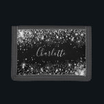 Black silver glitter dust monogram name script trifold wallet<br><div class="desc">A stylish black background. Decorated with faux silver glitter dust. Personalize and add your name. The name is written with a hand lettered style script.</div>