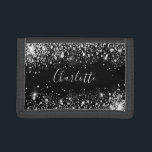 Black silver glitter dust monogram name script trifold wallet<br><div class="desc">A stylish black background. Decorated with faux silver glitter dust. Personalize and add your name. The name is written with a hand lettered style script.</div>