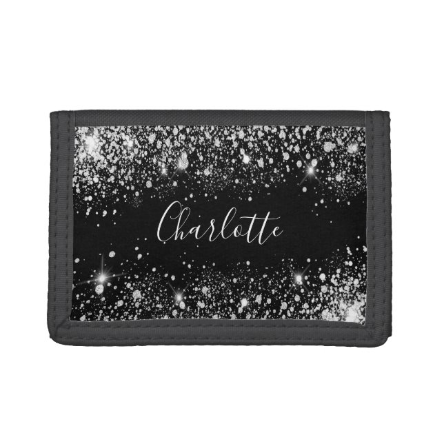 Black silver glitter dust monogram name script trifold wallet (Front)