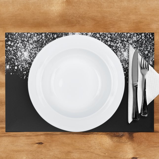 Black silver glitter dust party paper placemat (Creator Uploaded)