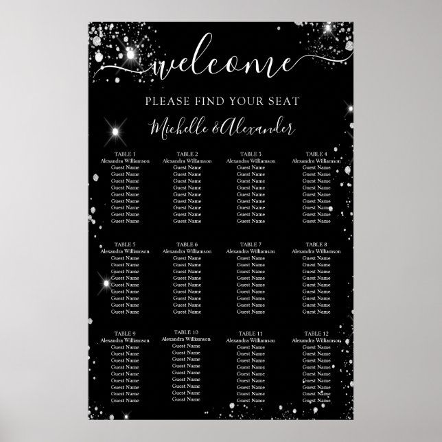 Black silver glitter dust wedding seating chart (Front)