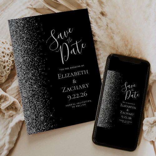 Black Silver Glitter Edge Save the Date Announcement