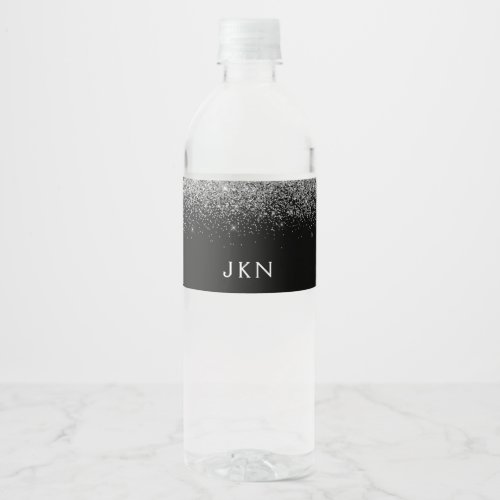 Black Silver Glitter Elegant Monogram Name Water Bottle Label