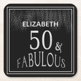 Black Silver Glitter Fifty and Fabulous Custom Square Paper Coaster