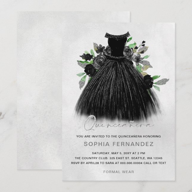 Black Silver Glitter Floral Dress Quinceañera Invitation (Front/Back)