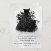 Black Silver Glitter Floral Dress Quinceañera Invitation