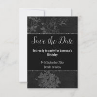 BLACK SILVER GLITTER FLORAL PATTERN SAVE THE DATE