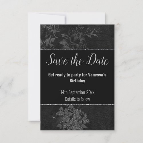 BLACK SILVER GLITTER  FLORAL PATTERN SAVE THE DATE RSVP CARD