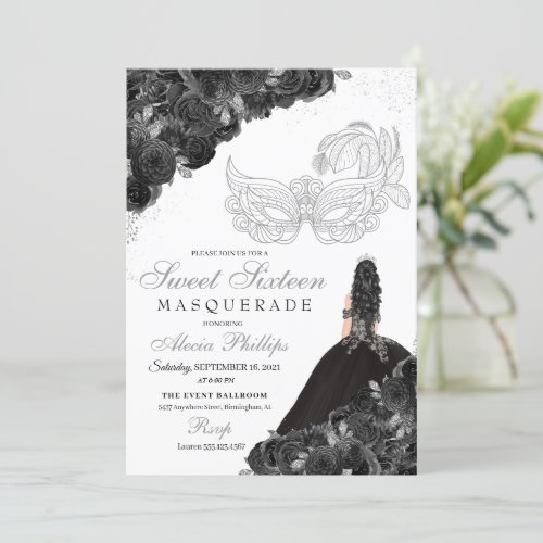 Black  Silver Glitter Floral Sweet 16 Masquerade Invitation