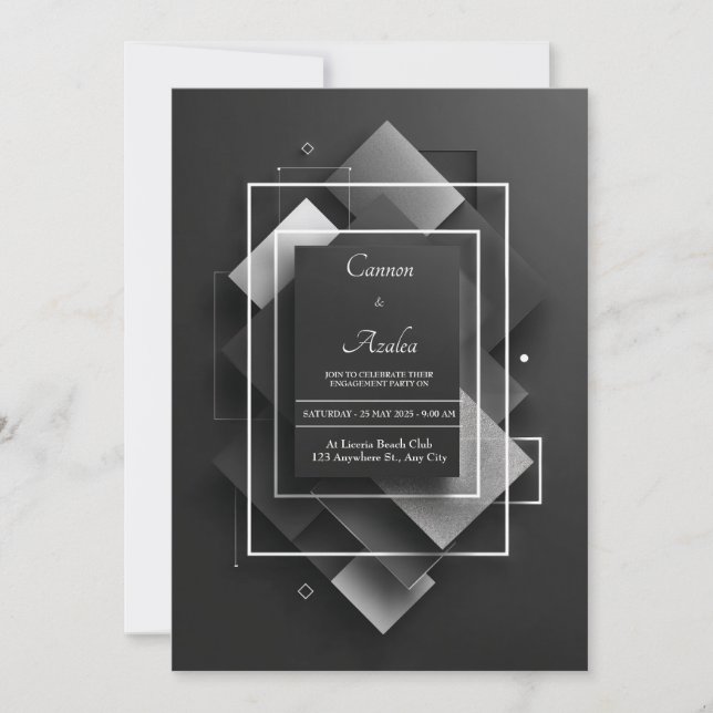 Black Silver Glitter Geometric Diamond Layered Invitation (Front)