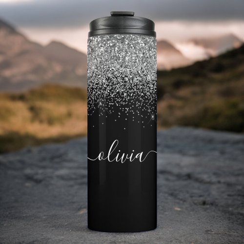 Black Silver Glitter Girly Fitness Monogram Name Thermal Tumbler