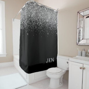Black Silver Glitter Girly Monogram Name Bathroom Shower Curtain