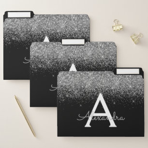 Black Silver Glitter Girly Monogram Name File Folder