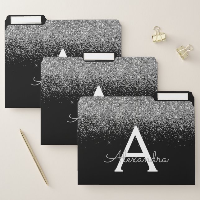 Black Silver Glitter Girly Monogram Name File Folder (Set)
