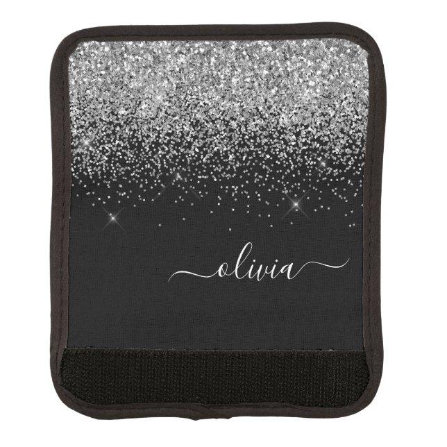 Black Silver Glitter Girly Monogram Name Luggage Handle Wrap (Front)