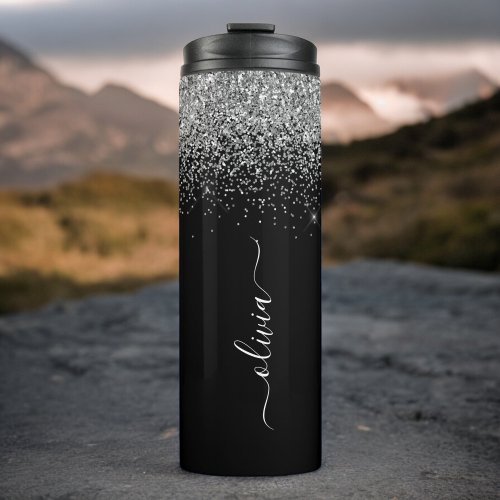 Black Silver Glitter Girly Monogram Name Thermal Tumbler