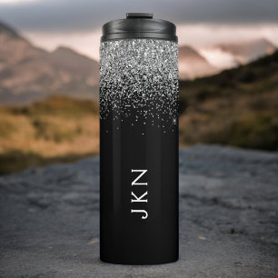 Black Silver Glitter Girly Monogram Name Thermal Tumbler