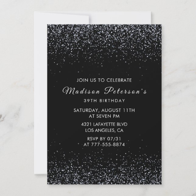 Black Silver Glitter Glam Chic 39th birthday Invitation (Front)