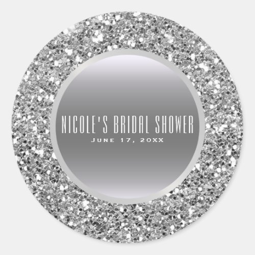 Black  Silver Glitter Glam Elegant Wedding Favor Classic Round Sticker