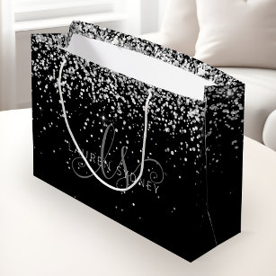 Black Silver Glitter Glam Monogram Name Large Gift Bag