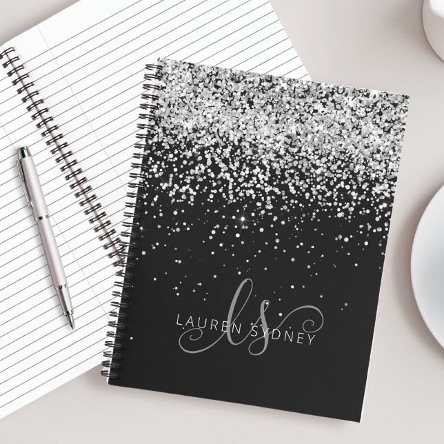 Black Silver Glitter Glam Monogram Name Notebook (Creator Uploaded)