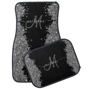 Black Silver Glitter Grey Modern Monogram Car Floor Mat
