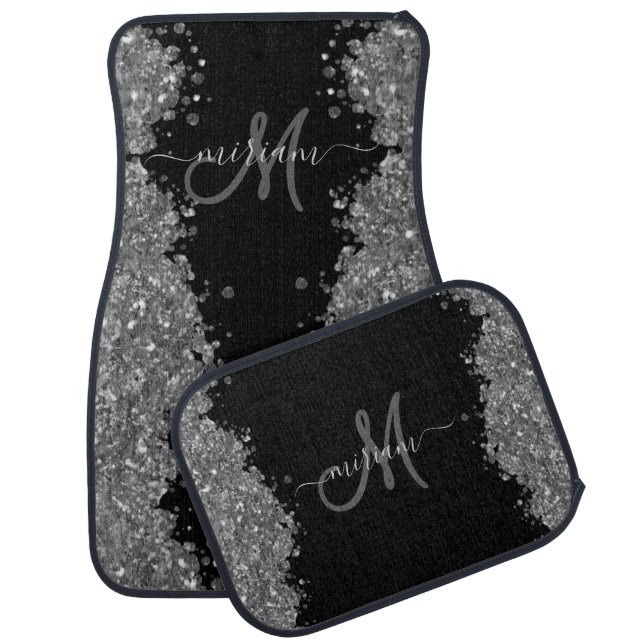Black Silver Glitter Grey Modern Monogram Car Floor Mat (Set)