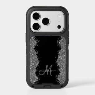 Black Silver Glitter Grey Modern Monogram iPhone 17 Pro Case