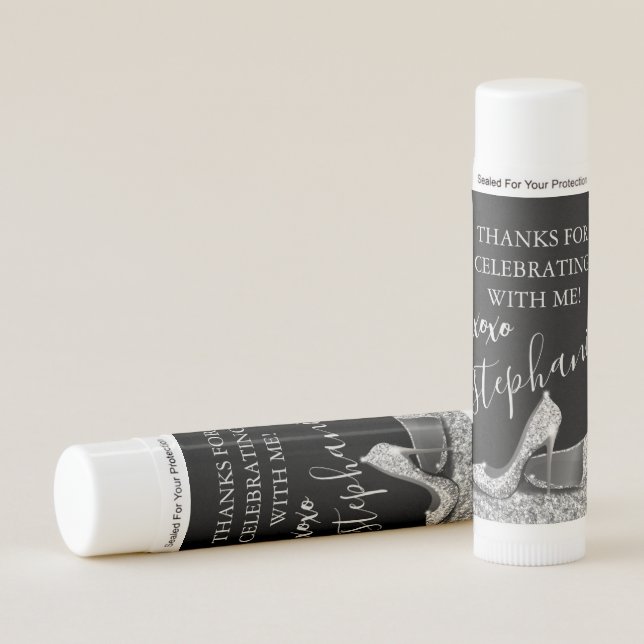 Black Silver Glitter High Heel Birthday Favor Lip Balm (Front)