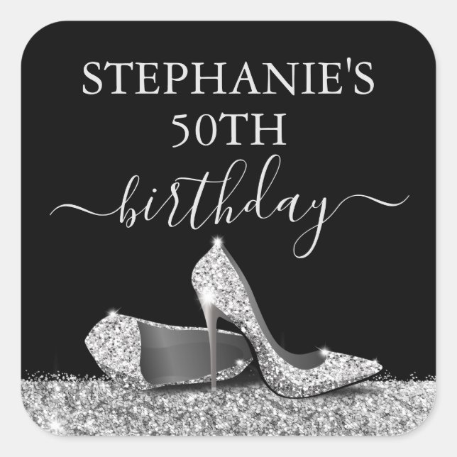 Black Silver Glitter High Heels Birthday Favor Square Sticker (Front)