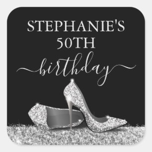 Black Silver Glitter High Heels Birthday Favor Square Sticker