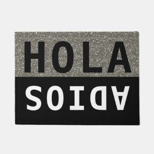 Black & Silver Glitter Hola Adios Spanish Welcome Doormat