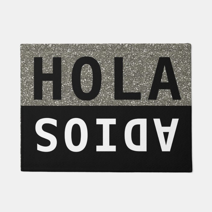 Black & Silver Glitter Hola Adios Spanish Doormat