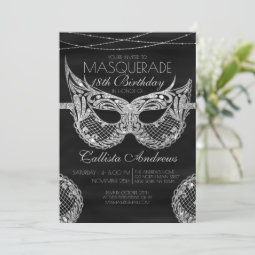 Black Silver Glitter Lace Masquerade Birthday Invitation | Zazzle