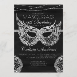 Black Silver Glitter Lace Masquerade Birthday Invitation