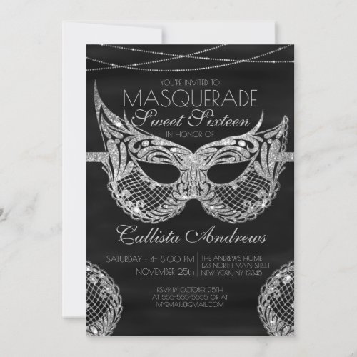 Black Silver Glitter Lace Masquerade Sweet 16 Invitation