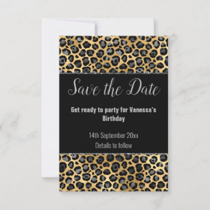 BLACK SILVER GLITTER LEOPARD SAVE THE DATE  RSVP CARD