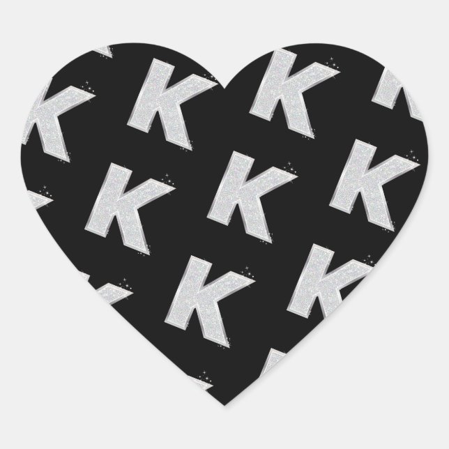 Black Silver Glitter letter K Heart Sticker (Front)