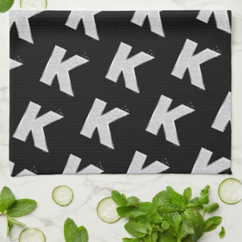 Black Silver Glitter letter K Kitchen Towel
