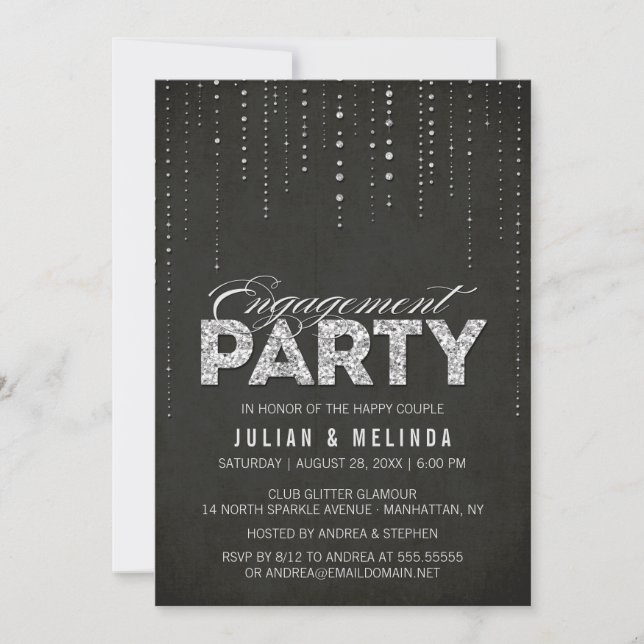 Black & Silver Glitter Look Engagement Party Invitation (Front)