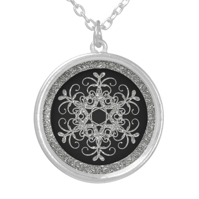 Black, Silver Glitter LOOK Snowflake Necklace (Front)