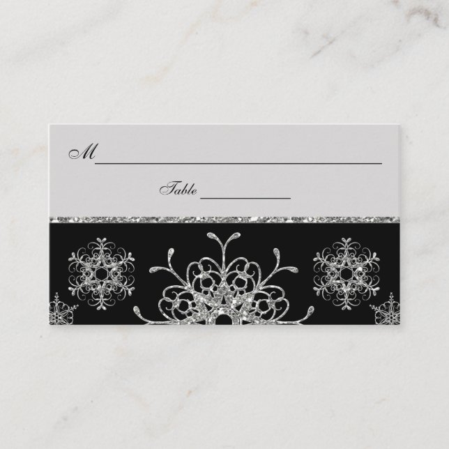 Black, Silver Glitter LOOK Snowflakes Placecards (Front)
