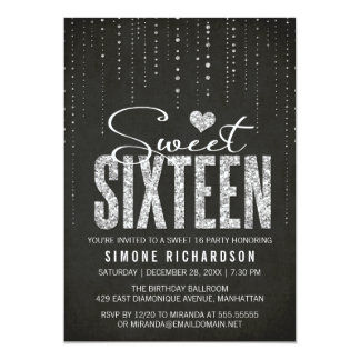 Black & Silver Glitter Look Sweet 16 Party Card