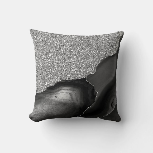 Black Silver Glitter Luxury Agate Geode Throw Pillow (Front)