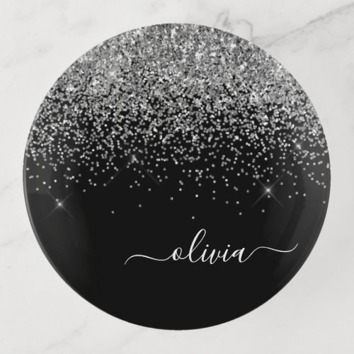 Black Silver Glitter Luxury Monogram Name Trinket Tray