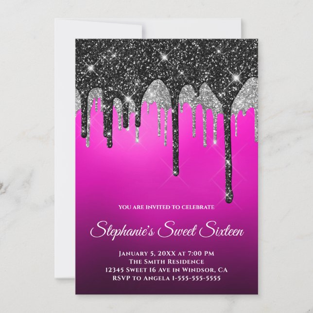 Black Silver Glitter Magenta Purple Ombre Sweet 16 Invitation (Front)