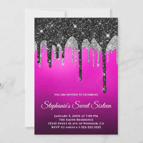 Black Silver Glitter Magenta Purple Ombre Sweet 16 Invitation