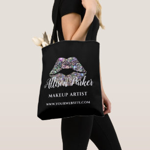 Black Silver Glitter Makeup Artist Kiss Lips Tote Bag