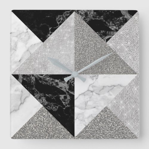 Black Silver Glitter Marble Gray Geometry Metallic Square Wall Clock